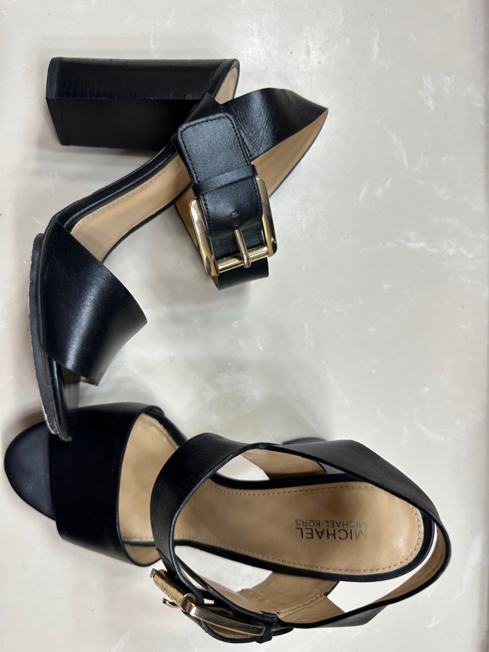 Michael Kors Black Leather Block Heel Sandals with Gold Buckle